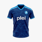 Blue sports jersey with 'plei' branding on a white background